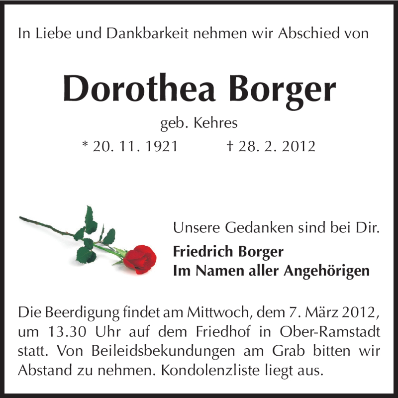  Traueranzeige für Dorothea Borger vom 03.03.2012 aus Darmstädter Echo, Odenwälder Echo, Rüsselsheimer Echo, Groß-Gerauer-Echo, Ried Echo