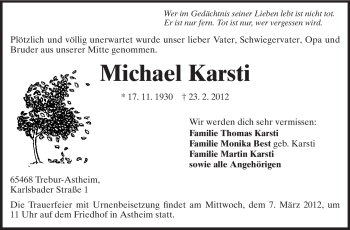 Traueranzeige von Michael Karsti von Rüsselsheimer Echo, Groß-Gerauer-Echo, Ried Echo