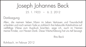 Traueranzeige von Joseph Johannes Beck von Echo-Zeitungen (Gesamtausgabe)