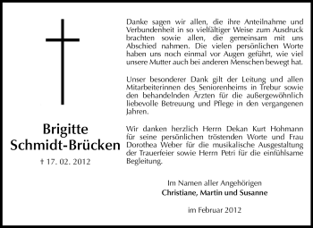 Traueranzeige von Brigitte Schmidt-Brücken von Rüsselsheimer Echo, Groß-Gerauer-Echo, Ried Echo