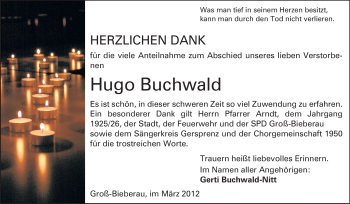 Traueranzeige von Hugo Buchwald von Echo-Zeitungen (Gesamtausgabe)
