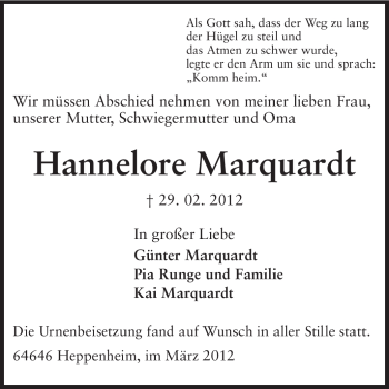 Traueranzeige von Hannelore Marquardt von Starkenburger Echo