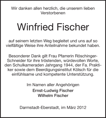 Traueranzeige von Winfried Fischer von Echo-Zeitungen (Gesamtausgabe)