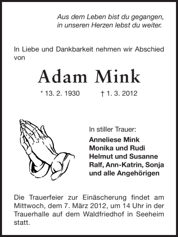 Traueranzeige von Adam Mink von Echo-Zeitungen (Gesamtausgabe)