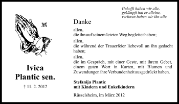 Traueranzeige von Ivica Plantic von Rüsselsheimer Echo, Groß-Gerauer-Echo, Ried Echo