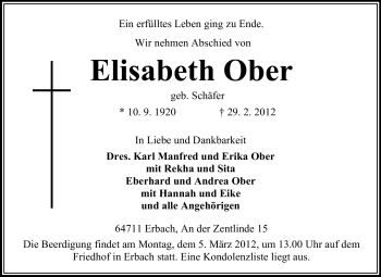 Traueranzeige von Elisabeth Ober  von Echo-Zeitungen (Gesamtausgabe)