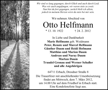 Traueranzeige von Otto Helfmann von Odenwälder Echo