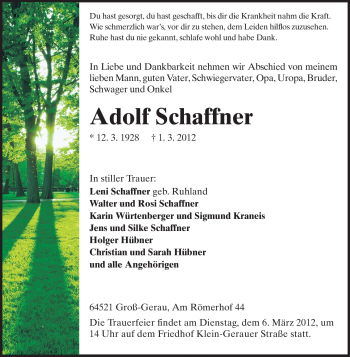 Traueranzeige von Adolf Schaffner von Rüsselsheimer Echo, Groß-Gerauer-Echo, Ried Echo
