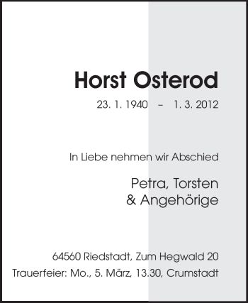 Traueranzeige von Horst Osterod von Darmstädter Echo, Odenwälder Echo, Rüsselsheimer Echo, Groß-Gerauer-Echo, Ried Echo