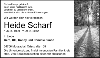 Traueranzeige von Heide Scharf von Odenwälder Echo