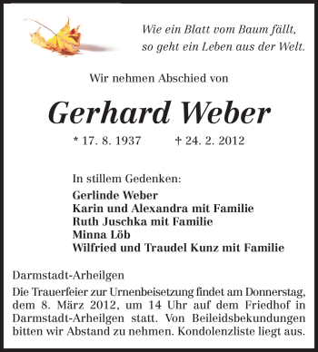 Traueranzeige von Gerhard Weber von Echo-Zeitungen (Gesamtausgabe)