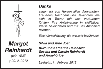 Traueranzeige von Margot Reinhardt von Rüsselsheimer Echo, Groß-Gerauer-Echo, Ried Echo