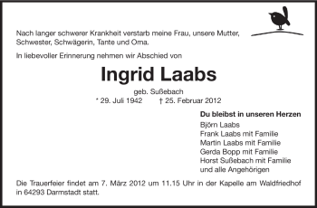 Traueranzeige von Ingrid Laabs von Echo-Zeitungen (Gesamtausgabe)