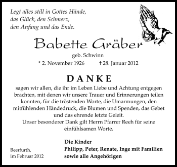 Traueranzeige von Babette Gräber von Echo-Zeitungen (Gesamtausgabe)