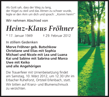 Traueranzeige von Heinz-Klaus Fröhner von Echo-Zeitungen (Gesamtausgabe)