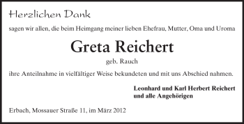Traueranzeige von Greta Reichert von Odenwälder Echo