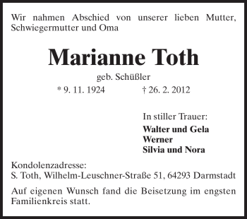 Traueranzeige von Marianne Toth von Darmstädter Echo, Odenwälder Echo, Rüsselsheimer Echo, Groß-Gerauer-Echo, Ried Echo