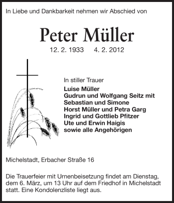 Traueranzeige von Peter Müller  von Odenwälder Echo