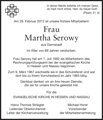 Traueranzeige von Martha Serowy von Darmstädter Echo, Odenwälder Echo, Rüsselsheimer Echo, Groß-Gerauer-Echo, Ried Echo