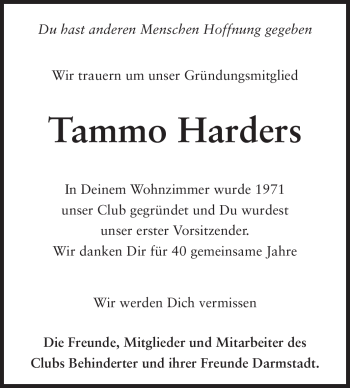 Traueranzeige von Tammo Harders von Echo-Zeitungen (Gesamtausgabe)