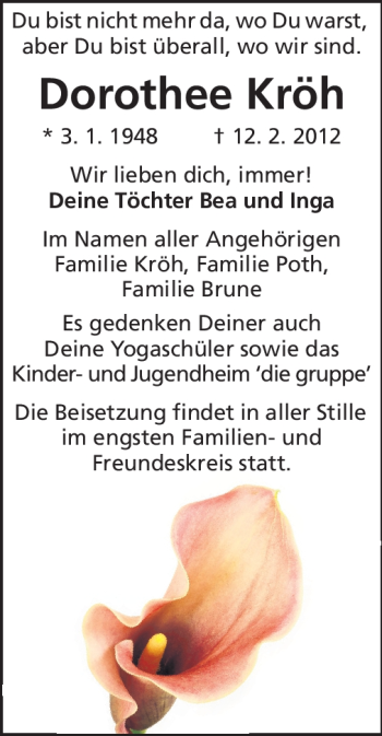 Traueranzeige von Dorothee Kröh von Echo-Zeitungen (Gesamtausgabe)