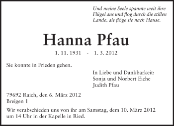 Traueranzeige von Hanna Pfau von Echo-Zeitungen (Gesamtausgabe)