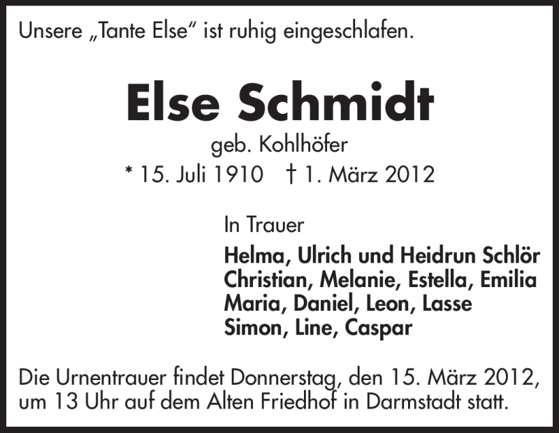  Traueranzeige für Else Schmidt vom 12.03.2012 aus Echo-Zeitungen (Gesamtausgabe)