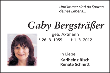 Traueranzeige von Gaby Bergsträßer von Echo-Zeitungen (Gesamtausgabe)