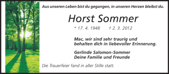 Traueranzeige von Horst Sommer von Echo-Zeitungen (Gesamtausgabe)