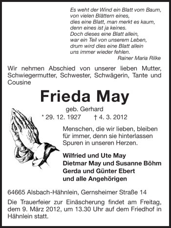 Traueranzeige von Frieda May von Echo-Zeitungen (Gesamtausgabe)
