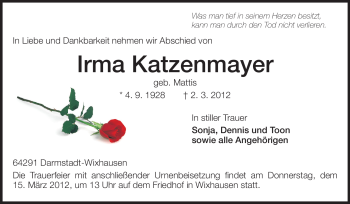 Traueranzeige von Irma Katzenmayer von Echo-Zeitungen (Gesamtausgabe)