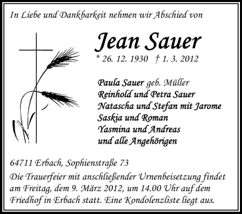 Traueranzeige von Jean Sauer von Odenwälder Echo