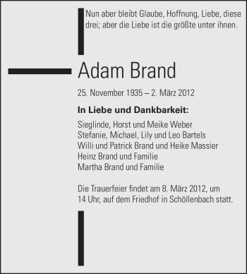 Traueranzeige von Adam Brand von Odenwälder Echo