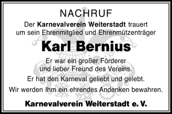 Traueranzeige von Karl Bernius von Echo-Zeitungen (Gesamtausgabe)