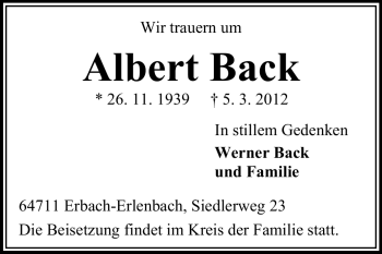 Traueranzeige von Albert Back von Odenwälder Echo