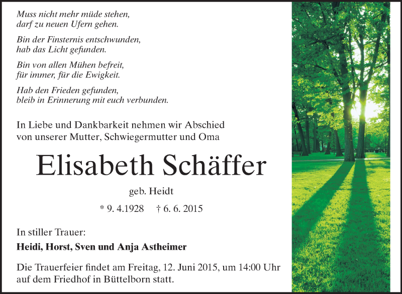  Traueranzeige für Elisabeth Schäffer vom 10.06.2015 aus Rüsselsheimer Echo, Groß-Gerauer-Echo, Ried Echo
