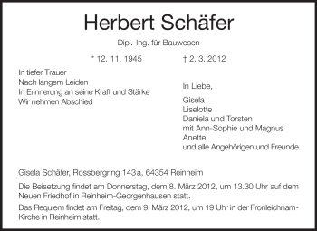 Traueranzeige von Herbert Schäfer von Echo-Zeitungen (Gesamtausgabe)