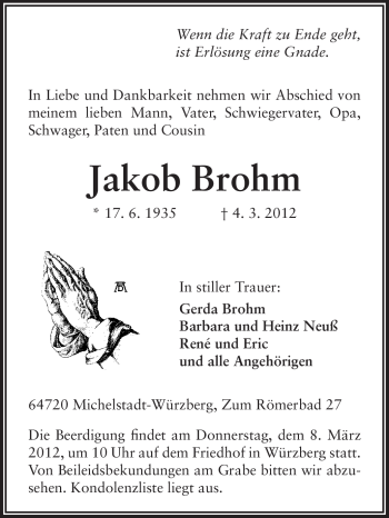 Traueranzeige von Jakob Brohm von Odenwälder Echo