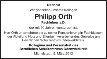 Traueranzeige von Philipp Orth von Odenwälder Echo