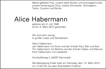 Traueranzeige von Alice Habermann von Echo-Zeitungen (Gesamtausgabe)