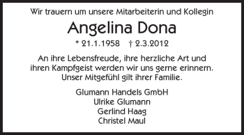 Traueranzeige von Angelina Dona von Echo-Zeitungen (Gesamtausgabe)