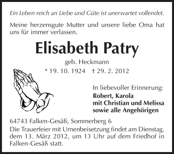 Traueranzeige von Elisabeth Patry von Odenwälder Echo