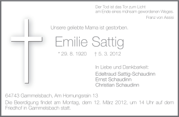Traueranzeige von Emilie Sattig von Echo-Zeitungen (Gesamtausgabe)