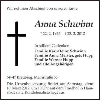Traueranzeige von Anna Schwinn von Odenwälder Echo