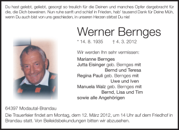 Traueranzeige von Werner Bernges von Echo-Zeitungen (Gesamtausgabe)