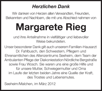 Traueranzeige von Margarete Elisabeth Rieg von Echo-Zeitungen (Gesamtausgabe)