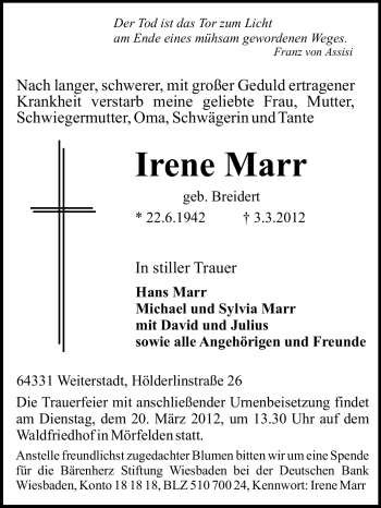 Traueranzeige von Irene Marr von Darmstädter Echo, Odenwälder Echo, Rüsselsheimer Echo, Groß-Gerauer-Echo, Ried Echo