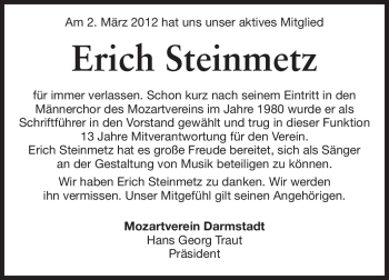 Traueranzeige von Erich Steinmetz von Darmstädter Echo, Odenwälder Echo, Rüsselsheimer Echo, Groß-Gerauer-Echo, Ried Echo