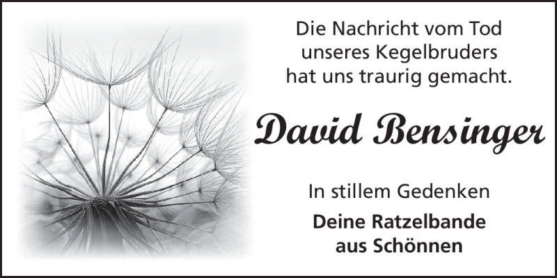  Traueranzeige für David Bensinger vom 08.03.2012 aus Odenwälder Echo