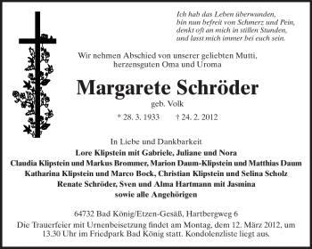 Traueranzeige von Margarete Schröder von Odenwälder Echo